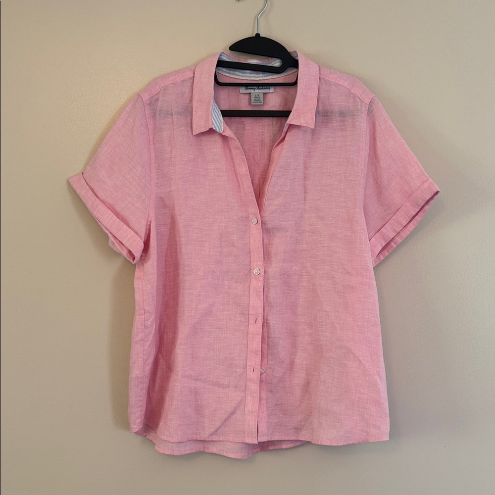 Tommy Bahama Women's 100% Linen Short Sleeve Button Down Shirt Pink Size L